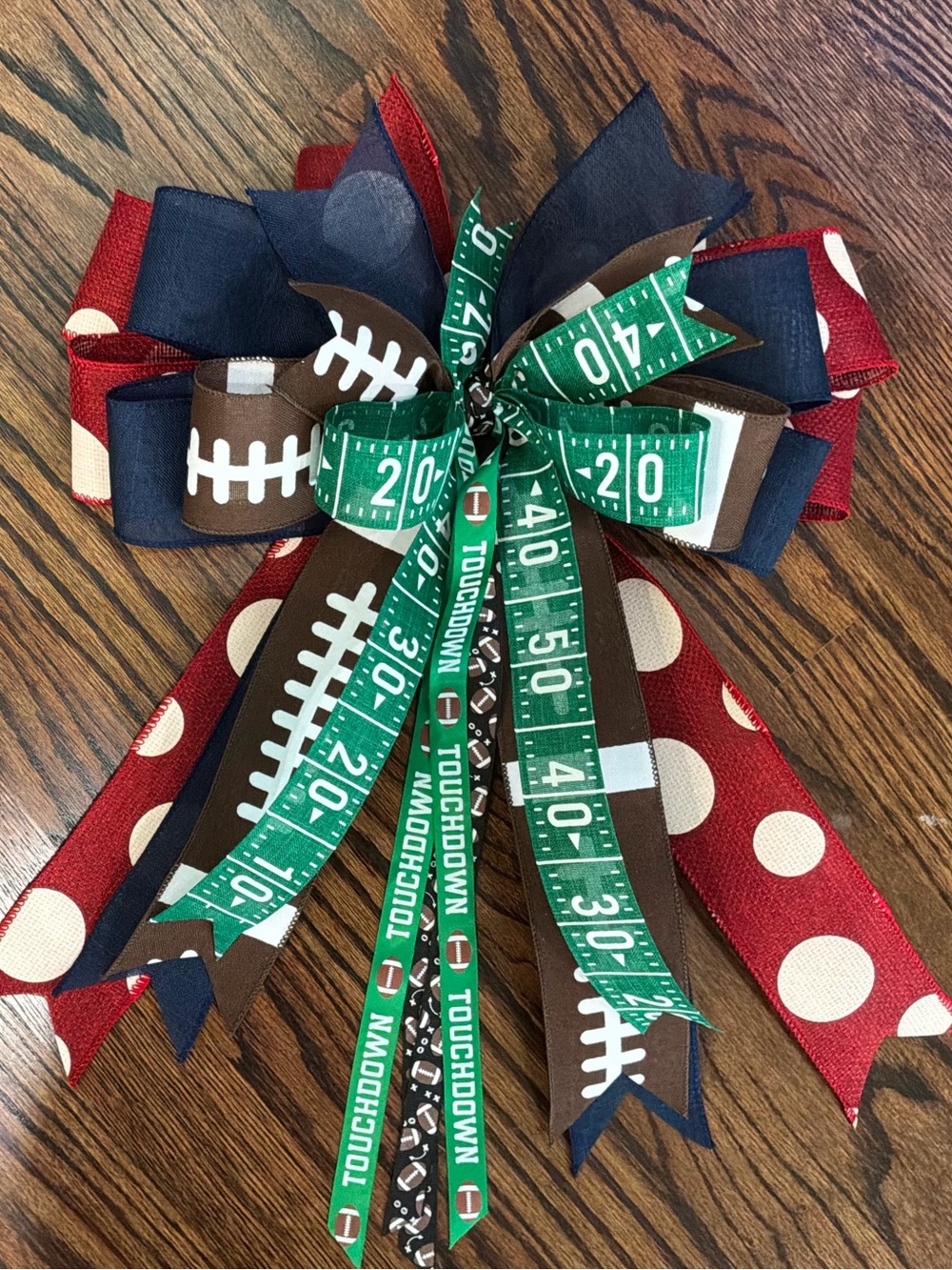 Football-Themed Party Bow in Red, Navy, Brown & Green